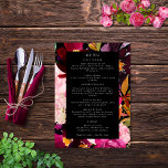 Elegant Black Burgundy Pink Floral Lijst Menu<br><div class="desc">Elementen: Trillende florale regelingen rond een zwart lijst. Elegant serif doopvonten met bloei van manuscript. Kleuren: zwart,  Bourgogne,  wazig,  roze,  pruimen,  veenbessen,  groen,  oranje. Thema's: elegant,  boho,  bothanisch,  bohemiaans,  romantisch,  donker,  humeurig,  lush,  tuin,  winter,  herfst,  romantisch. Collectie: Elegant Black Burgundy Pink Floral Lijst Wedding Collectie. Producttype: Menu</div>