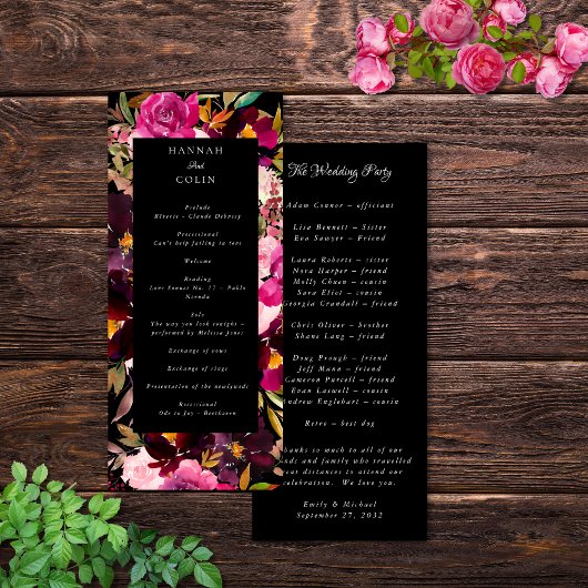 Elegant Black Burgundy Pink Floral Lijst Programmakaart
