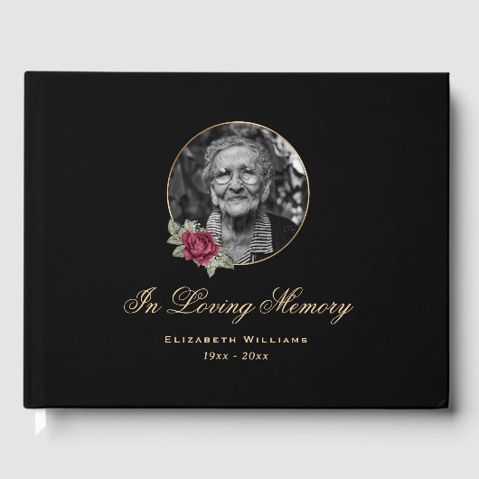 Elegant Black Burgundy Roos Floral Funeral Photo Gastenboek (Voorkant)