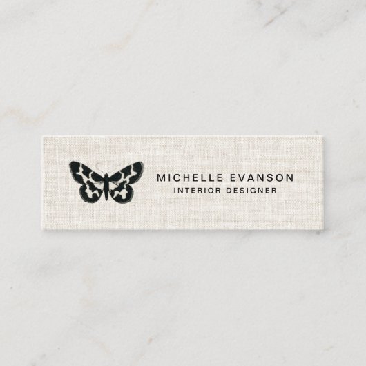 Elegant Black Butterfly Logo Tan Linen Look Mini Visitekaartje (Voorkant)