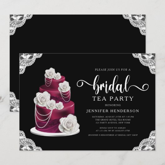 Elegant Black Cake and Lace Bridal Tea Party Kaart (Voorkant / Achterkant)
