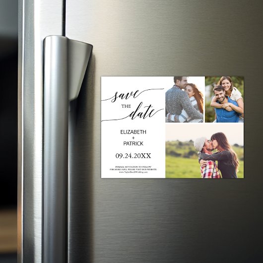 Elegant Black Calligraphy 3 Photo Save the Date Magnetische Uitnodiging