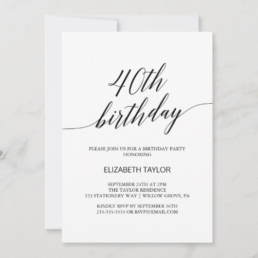 Elegant Black Calligraphy 40th Birthday Kaart (Voorkant)