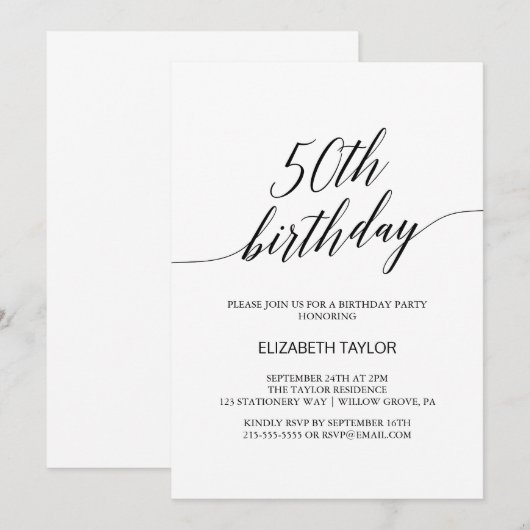 Elegant Black Calligraphy 50th Birthday Kaart (Voorkant / Achterkant)