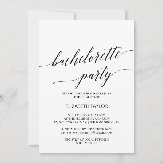 Elegant Black Calligraphy Bachelorette Party Kaart (Voorkant)