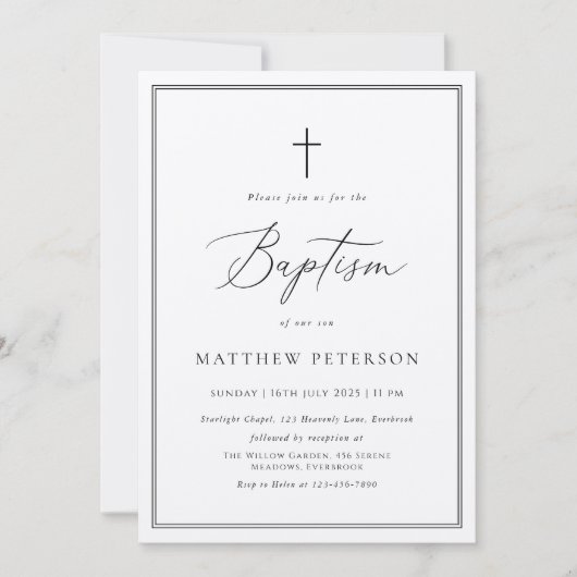 Elegant Black Calligraphy Baptism Invitation Kaart (Voorkant)