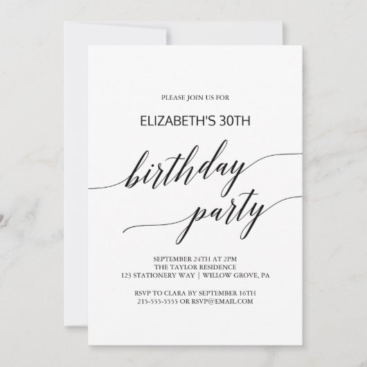 Elegant Black Calligraphy Birthday Party Kaart (Voorkant)