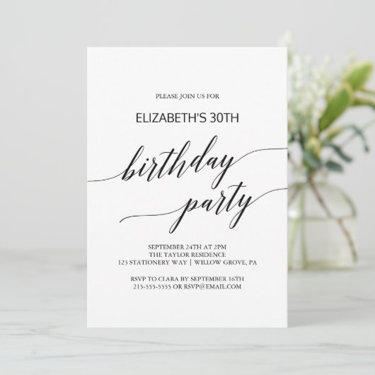 Elegant Black Calligraphy Birthday Party Kaart (Staand voorkant)
