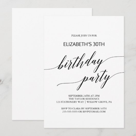 Elegant Black Calligraphy Birthday Party Kaart (Voorkant / Achterkant)