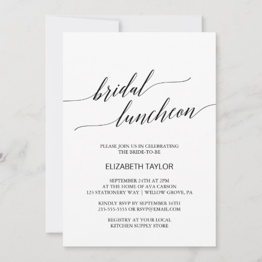 Elegant Black Calligraphy Bridal Luncheon Kaart (Voorkant)