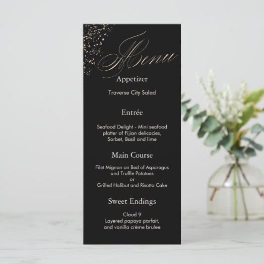 Elegant Black Calligraphy Faux Gold Script Menu (Staand voorkant)