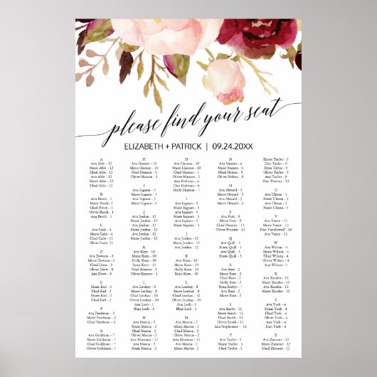 Elegant Black Calligraphy Floral Seating Chart Poster (Voorkant)