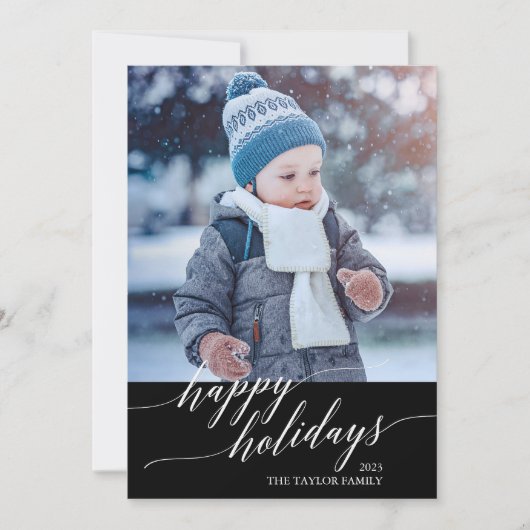 Elegant Black Calligraphy Happy Holidays Photo Feestdagenkaart (Voorkant)