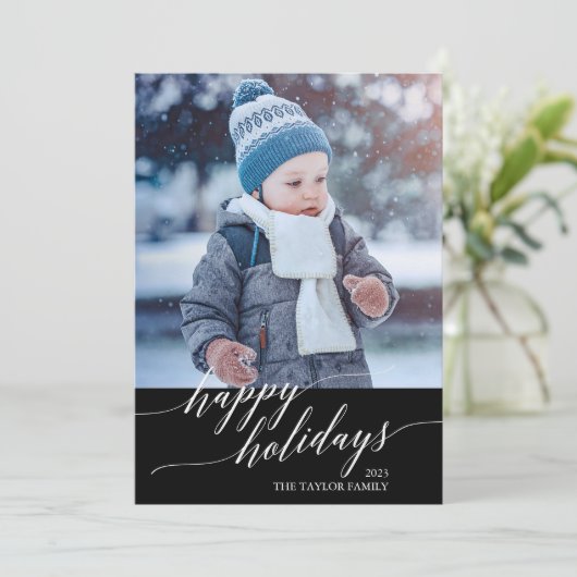 Elegant Black Calligraphy Happy Holidays Photo Feestdagenkaart (Staand voorkant)