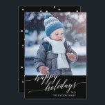 Elegant Black Calligraphy Happy Holidays Photo Feestdagenkaart<br><div class="desc">This elegant black calligraphy Happy Holidays photo card is the perfect simple holiday card. The design features a modern photo card decorated with romantic and whimsical typography and a polka dot backing. Personalize the card with your family name and year.</div>