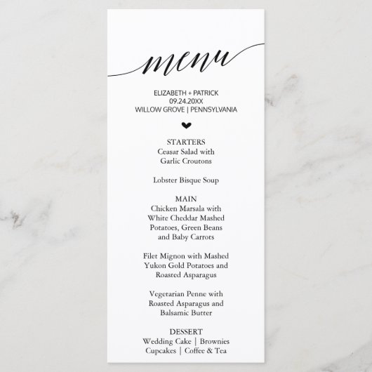 Elegant Black Calligraphy Heart Dinner Menu Kaart (Voorkant)