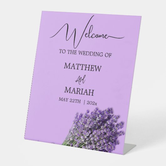 Elegant Black Calligraphy Lavender Weddenschap Wel Reclamebord Met Voetstuk (Voorkant)