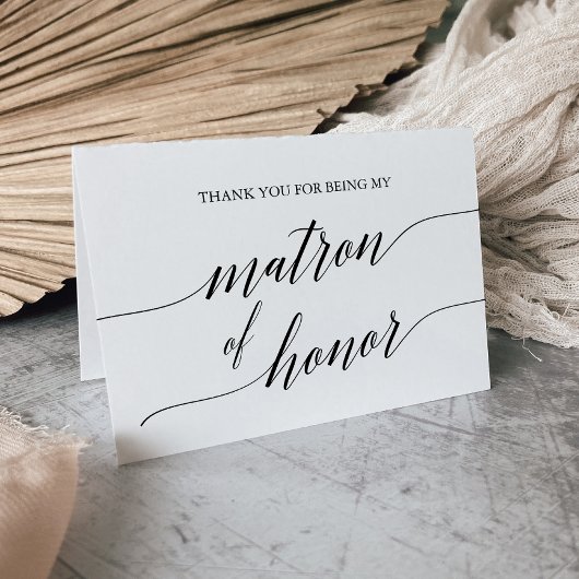 Elegant Black Calligraphy Matron of Honor Bedankkaart