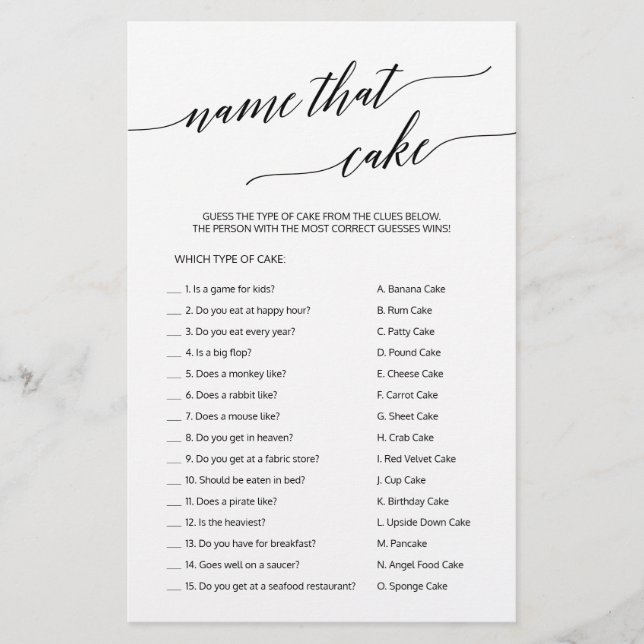 Elegant Black Calligraphy Name that Cake Game (Voorkant)