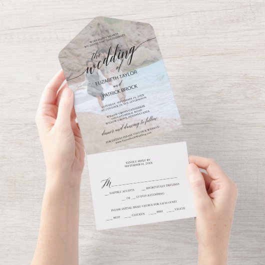 Elegant Black Calligraphy Photo Wedding All In One Uitnodiging (Afscheurbaar)