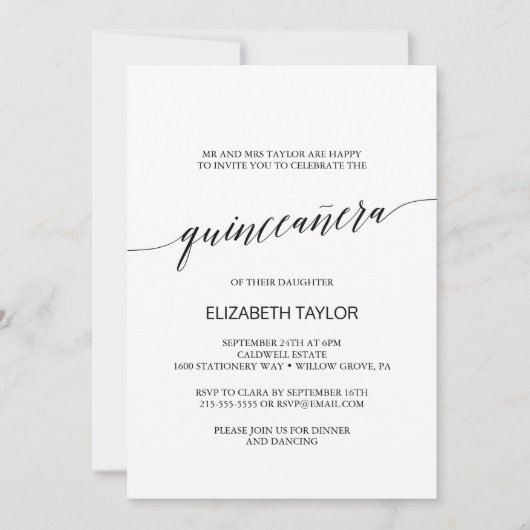 Elegant Black Calligraphy Quinceañera Kaart (Voorkant)
