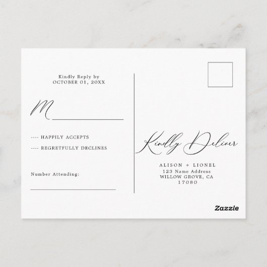 Elegant Black Calligraphy RSVP Briefkaart (Achterkant)