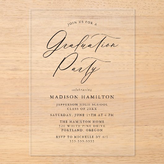 Elegant Black Calligraphy Script Graduparty Acryl Uitnodigingen (Voorkant)