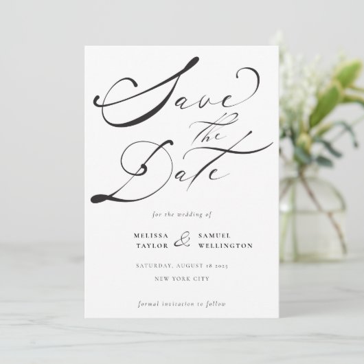 Elegant Black Calligraphy Script Wedding Save The Date (Staand voorkant)