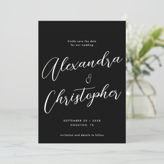 Elegant Black Calligraphy Script Weduwfoto Save The Date (Staand voorkant)