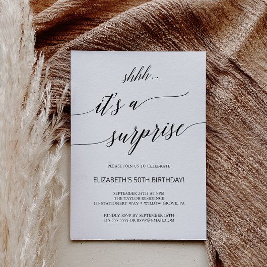 Elegant Black Calligraphy Surprise Party Kaart