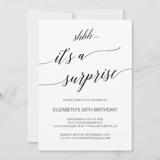 Elegant Black Calligraphy Surprise Party Kaart (Voorkant)