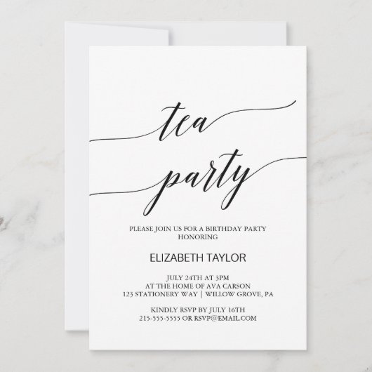 Elegant Black Calligraphy Tea Party Birthday Kaart (Voorkant)