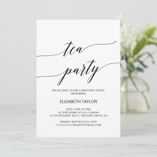 Elegant Black Calligraphy Tea Party Birthday Kaart (Staand voorkant)