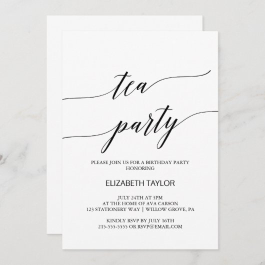 Elegant Black Calligraphy Tea Party Birthday Kaart (Voorkant / Achterkant)