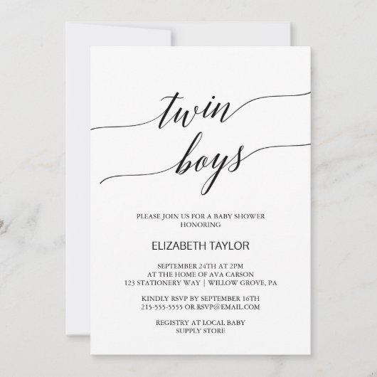 Elegant Black Calligraphy Twin Boys Baby shower Kaart (Voorkant)