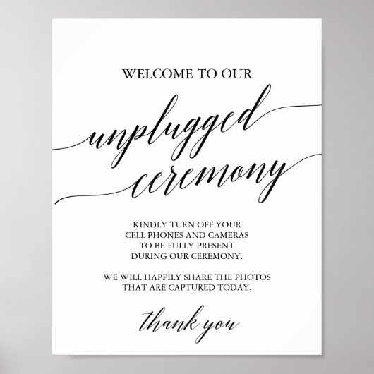 Elegant Black Calligraphy Unplugged Ceremony Sign Poster (Voorkant)