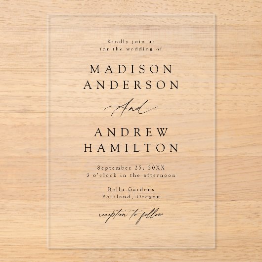 Elegant Black Calligraphy Wedding Acryl Uitnodigingen (Voorkant)