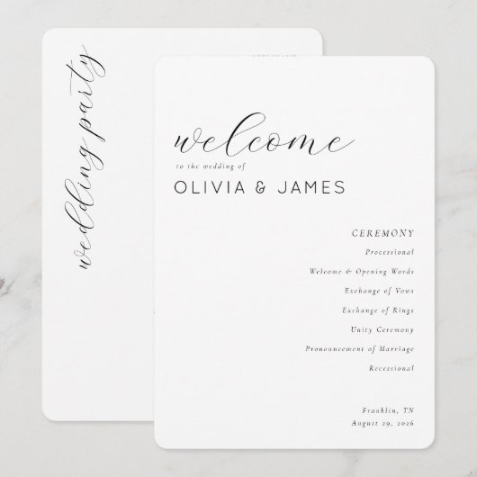 Elegant Black Calligraphy Wedding Ceremony Programmakaart (Voorkant / Achterkant)