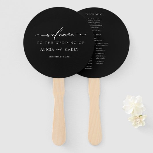 Elegant Black Calligraphy Wedding Program Hand Fan Handwaaier (Voorkant en achterkant)