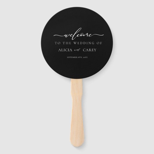 Elegant Black Calligraphy Wedding Program Hand Fan Handwaaier (Voorkant)