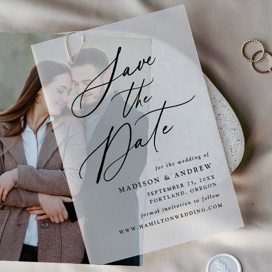 Elegant Black Calligraphy Wedding Save the Date Vellum Uitnodigingen