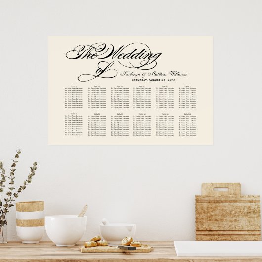 Elegant Black Calligraphy Wedding Seding Chart Poster (Keuken)