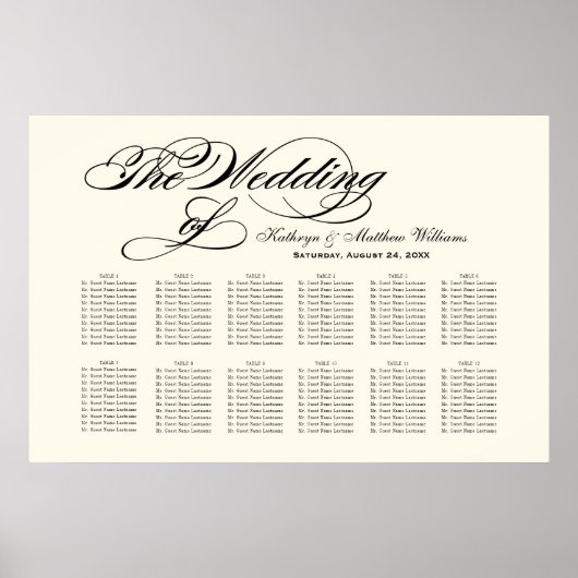 Elegant Black Calligraphy Wedding Seding Chart Poster (Voorkant)