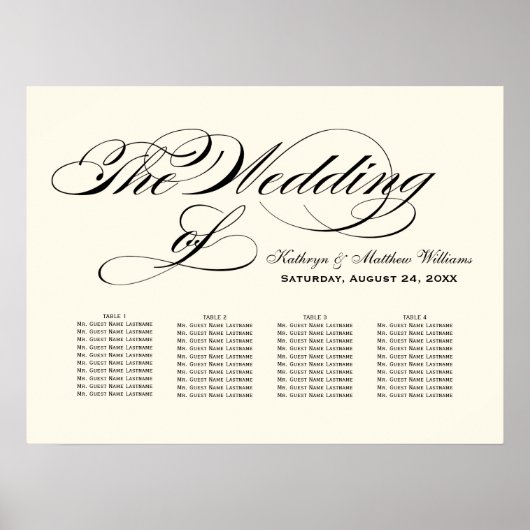 Elegant Black Calligraphy Wedding Seding Chart Poster (Voorkant)