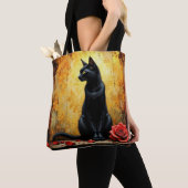 Elegant Black Cat and Red Rose Tote Bag (Dichtbij)