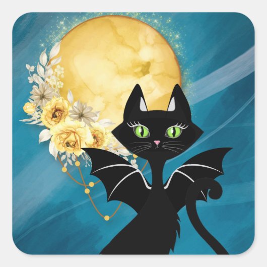 Elegant Black Cat | Bat Cat | Halloween Sticker (Voorkant)