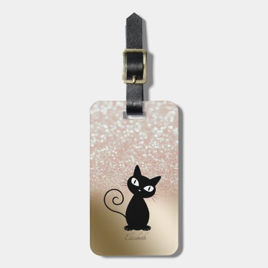 Elegant Black Cat, Glitter Bokeh - Gepersonaliseer Bagagelabel (Voorkant verticaal)