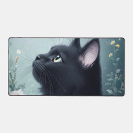 Elegant Black Cat Teal Mint Mystical Garden Bureaumat