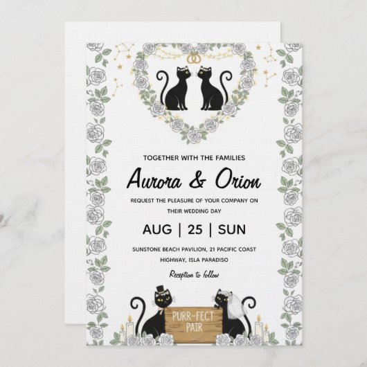 Elegant black cat wedding invitation kaart (Voorkant / Achterkant)