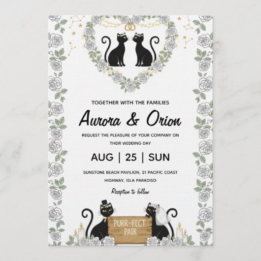 Elegant black cat wedding invitation kaart (Voorkant)